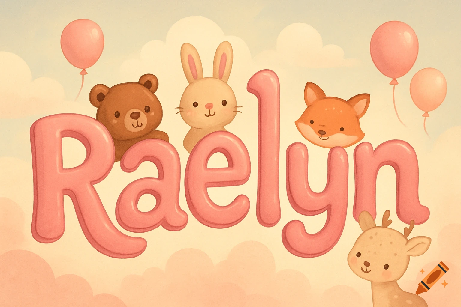 Cartoon 'Raelyn' name in pink bubbles with cute bear, bunny, fox, and deer in clouds with balloons, watercolor style.