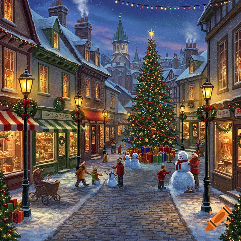 A charming, detailed painting of a snowy Christmas town street at dusk. A large decorated tree stands in the center with children playing near snowmen. Shops line the street.