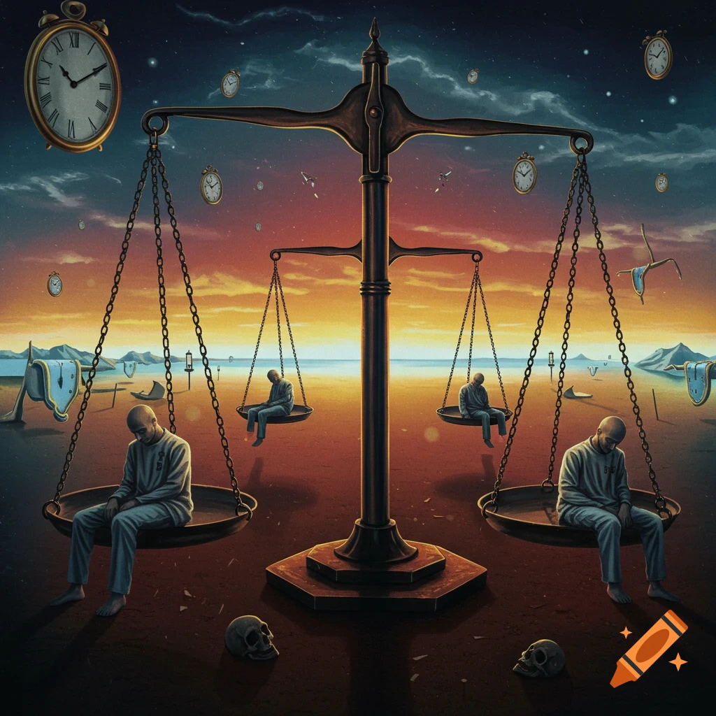 A surreal scene in the style of Salvador Dalí with multiple men sitting on the pans of a large balance scale, surrounded by melting and floating clocks, and skulls on the ground, against an orange and blue sky.
