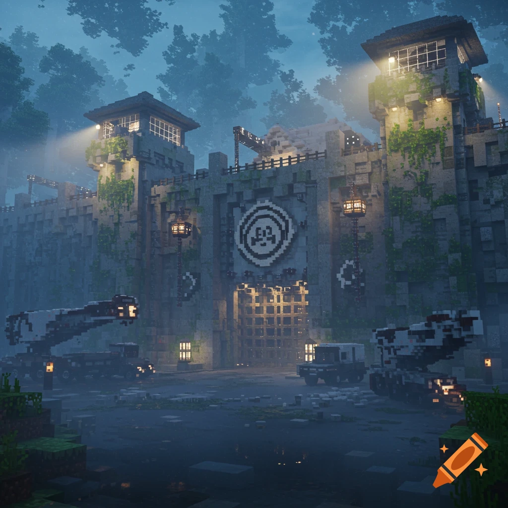 A detailed Minecraft-style SCP facility in a misty forest at night, with watchtowers, a large gate, and blocky vehicles.