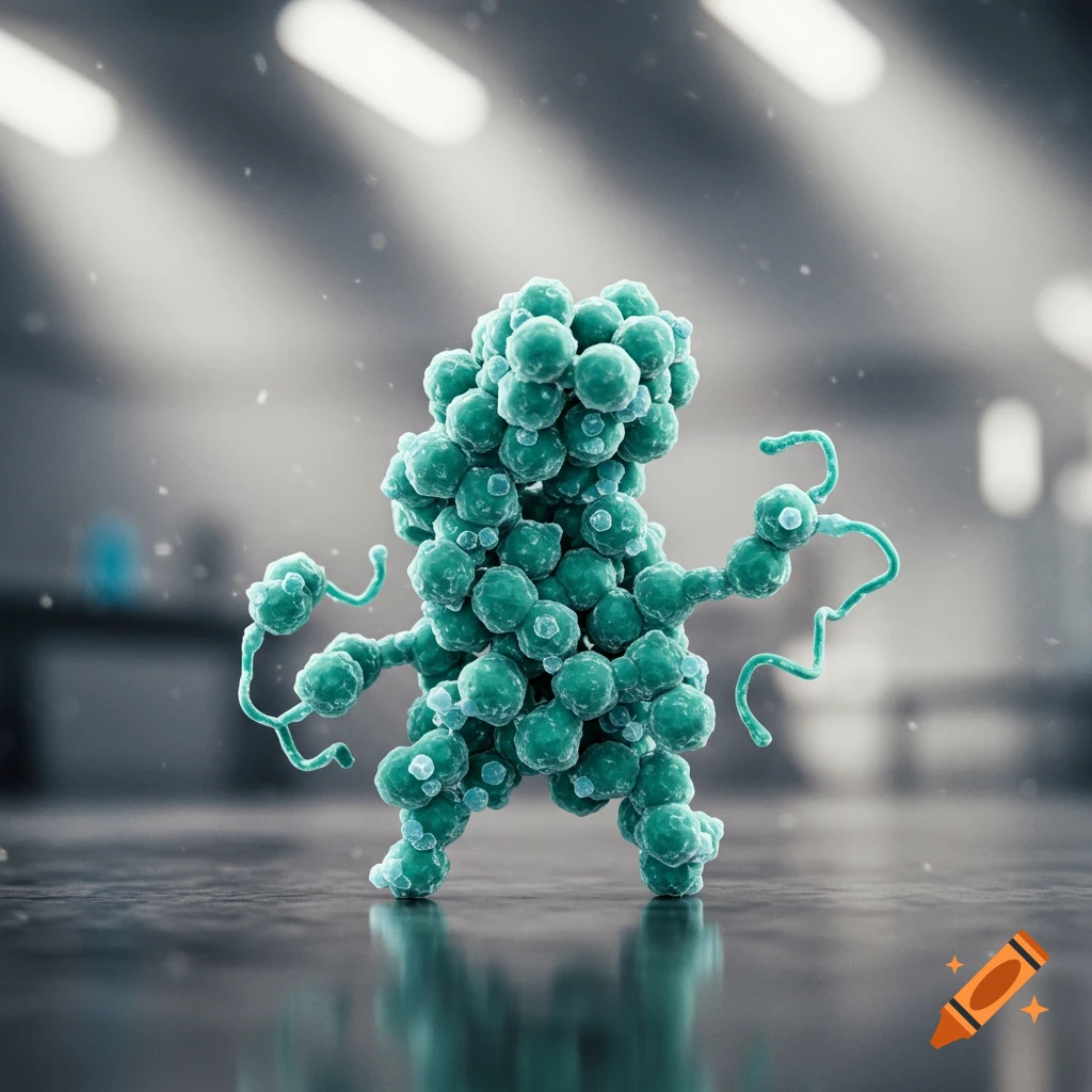 A microscopic character made of green spheres and tendrils stands in a blurry, sterile lab environment.