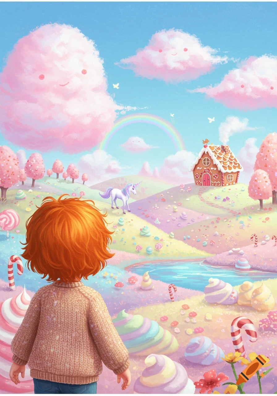 A ginger-haired child from behind looks at a colorful dreamland with a unicorn, gingerbread house, rainbow, and candy-themed landscape.