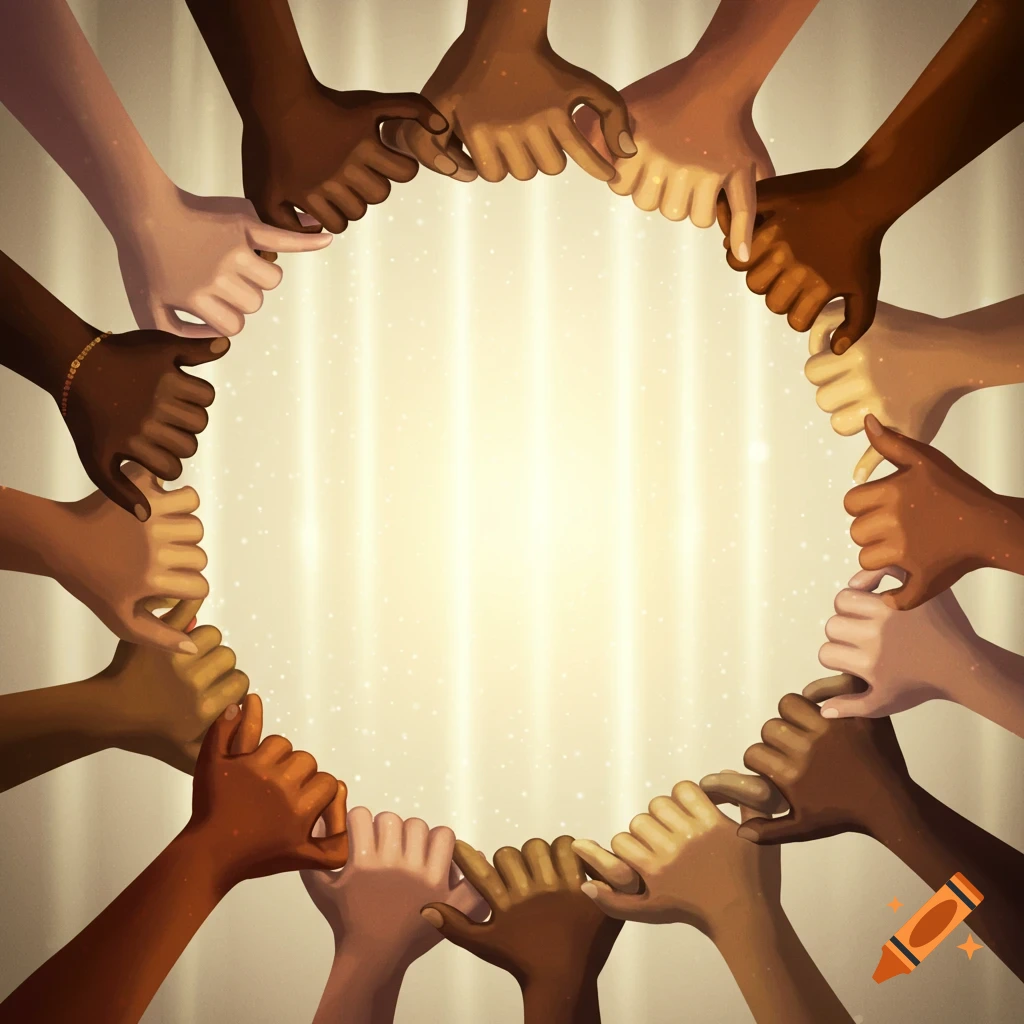 Digital illustration of many hands with diverse skin tones forming a circle, holding each other.