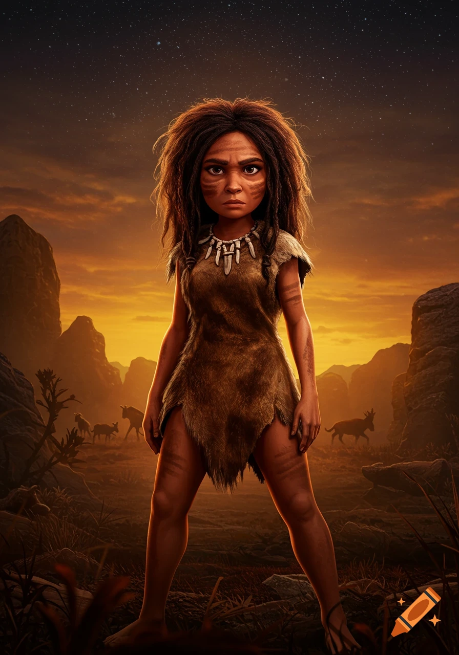 A young cavewoman with dreadlocks, face paint, and a bone necklace stands in a prehistoric landscape at sunset.