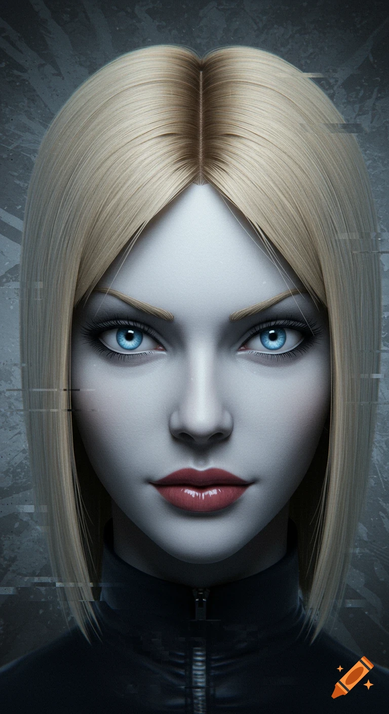 Close-up digital portrait of a pale, blonde, blue-eyed doll-like character resembling M3gan, staring intensely.