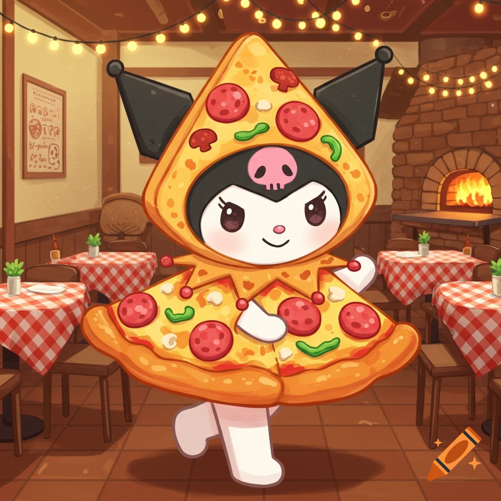 Cute Kuromi character in a pizza costume walking in a cozy pizzeria with checkered tables and a brick oven. Anime style.