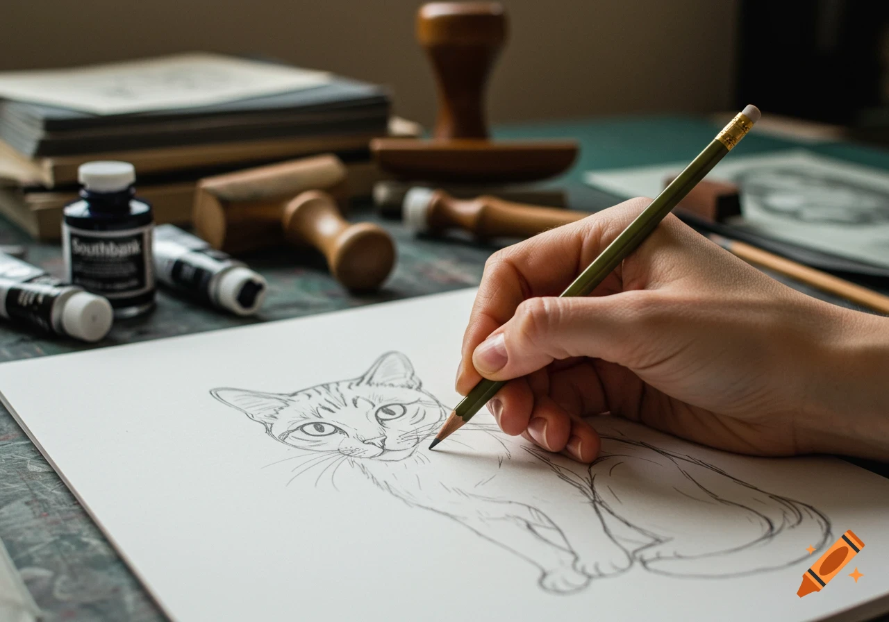 A hand sketches a cat outline on paper with a pencil, surrounded by blurred art supplies.