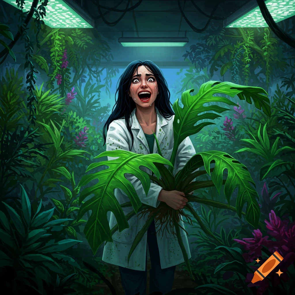 A woman in a lab coat, with a crazed expression, cries and laughs while clutching a huge plant in an overgrown, mysterious greenhouse.