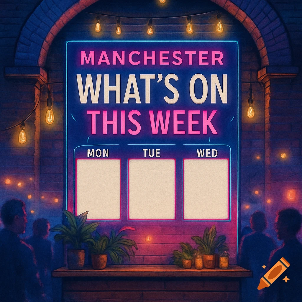 A neon sign in a brick archway reads 'MANCHESTER WHAT'S ON THIS WEEK' with daily event slots, illuminated by string lights, digital art style.