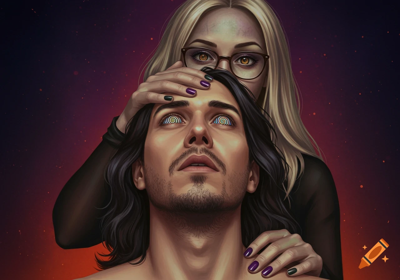 A woman with blonde hair and glasses hypnotizes a man with spirals in his eyes, holding his head back. Digital art style.