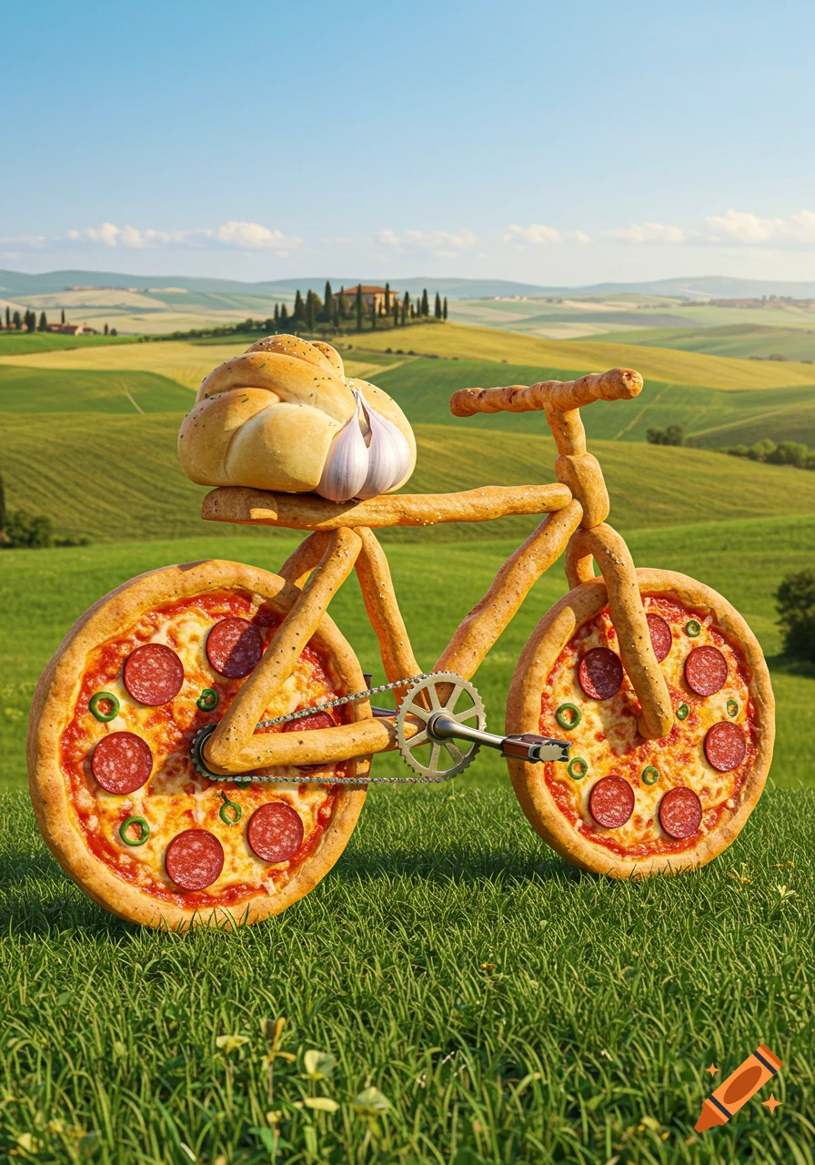 A whimsical bicycle with pizza wheels, a breadstick frame, and a garlic/bread loaf seat, set in a sunny Tuscan landscape.