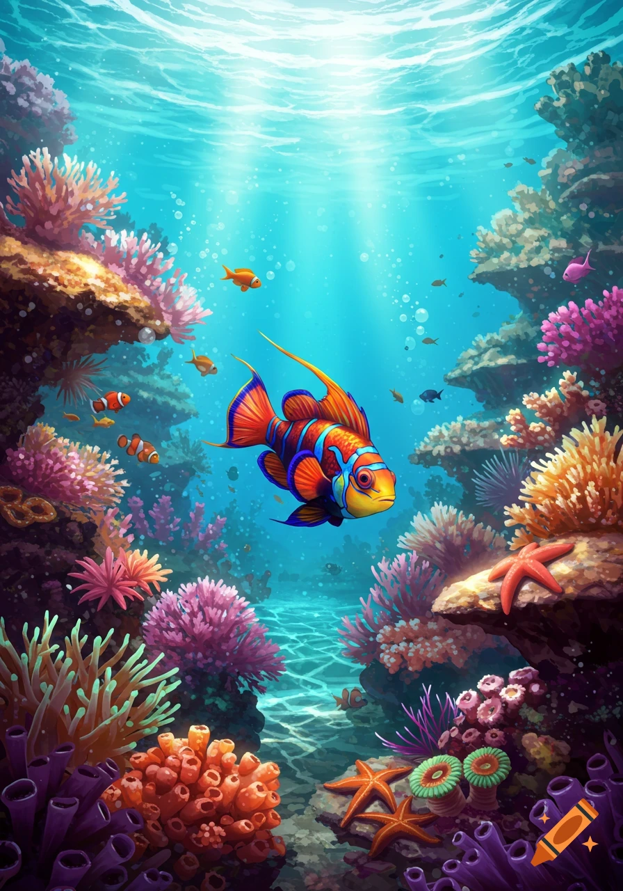 Vibrant illustration of a colorful tropical fish swimming in a sunlit coral reef filled with diverse marine life.