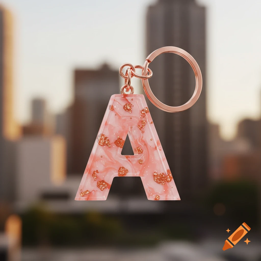 A pink marbled resin keyring in the shape of the letter A with rose gold glitter, hanging against a blurred city background.