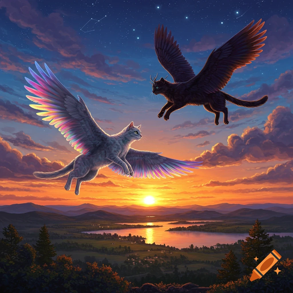 Two winged cats, one grey with rainbow wings and one black, fly over a scenic landscape with a lake at sunset, against a star-dusted sky.