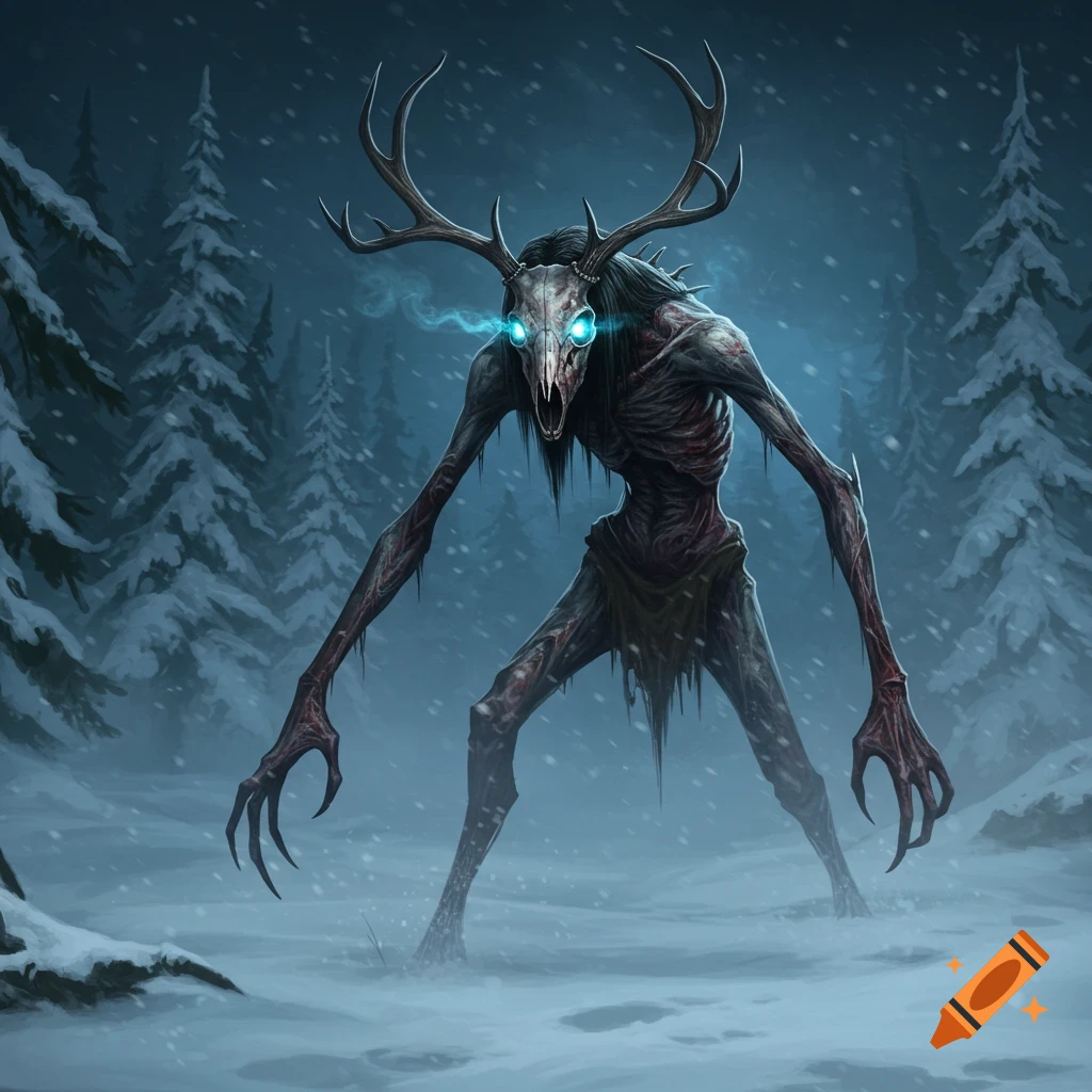 A gaunt, skeletal Wendigo with antlers, glowing blue eyes, and sharp claws stands in a snowy dark forest, in a dark fantasy illustration.