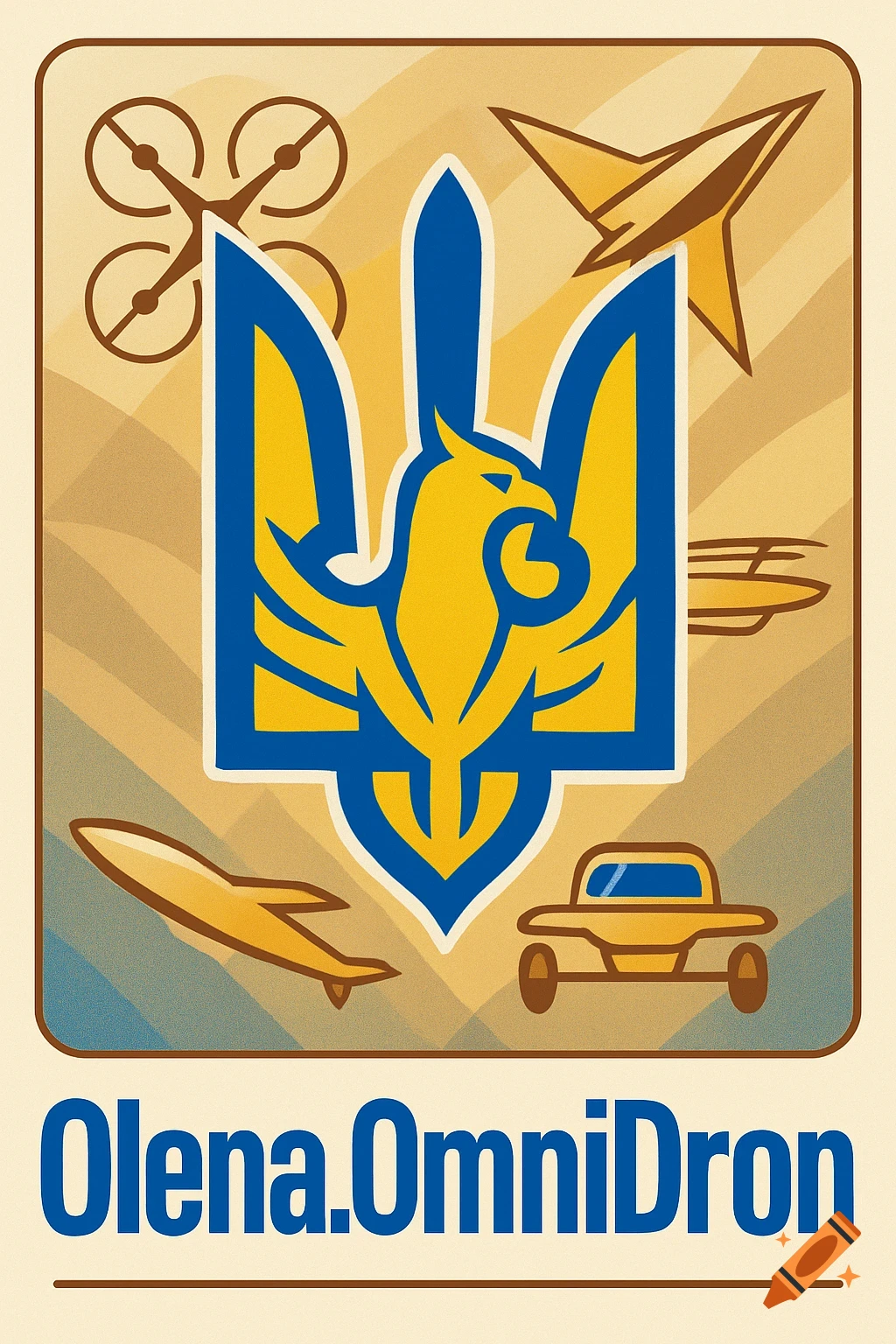 A stylized blue and yellow Ukrainian trident emblem surrounded by outlines of drones, an airplane, and a car, with the text "Olena.OmniDron" below.