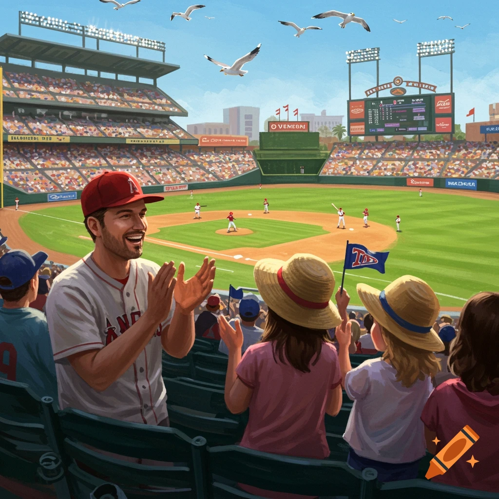 A man in a baseball jersey claps in the stands of a sunny baseball stadium, with children in straw hats watching the game and seagulls flying overhead.