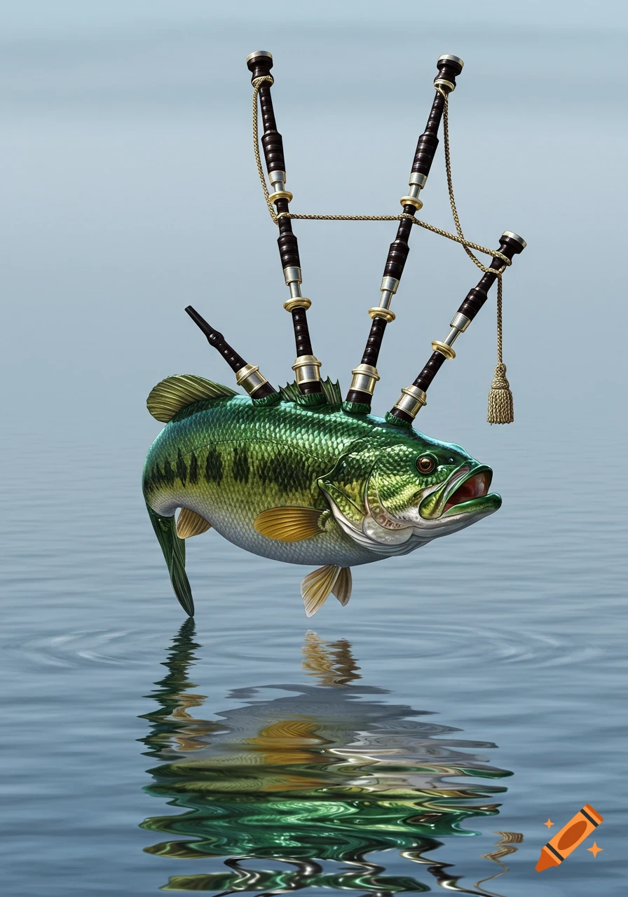 A photorealistic image of a green bass-like fish with black and silver bagpipe drones emerging from its back, rising from blue water.