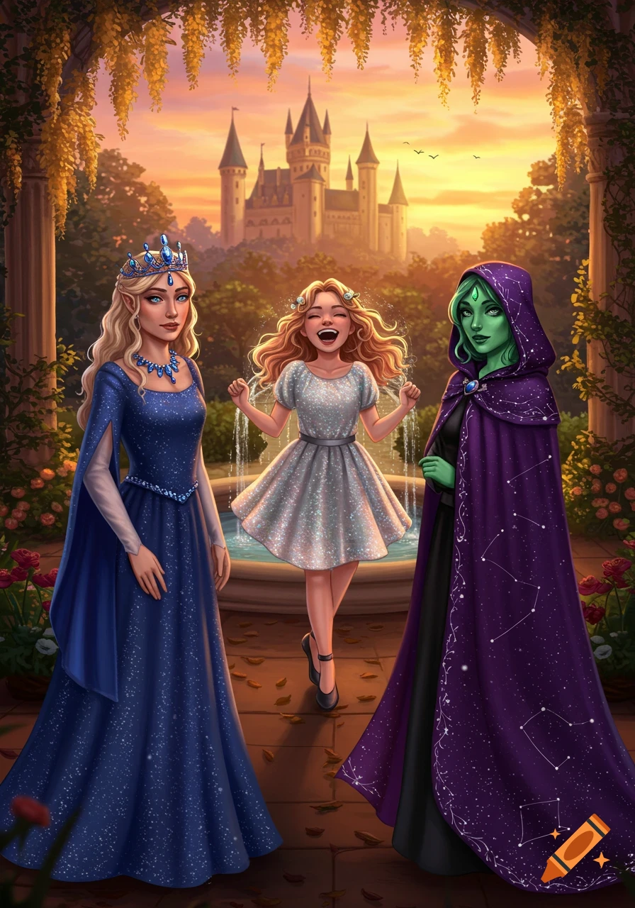 A digital illustration of three women—a princess, a smiling girl, and a green-skinned sorceress—in a garden with a castle at sunset.