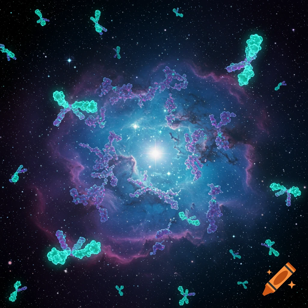 Luminescent antibody proteins float in deep space with twinkling stars and a blue and purple nebula.