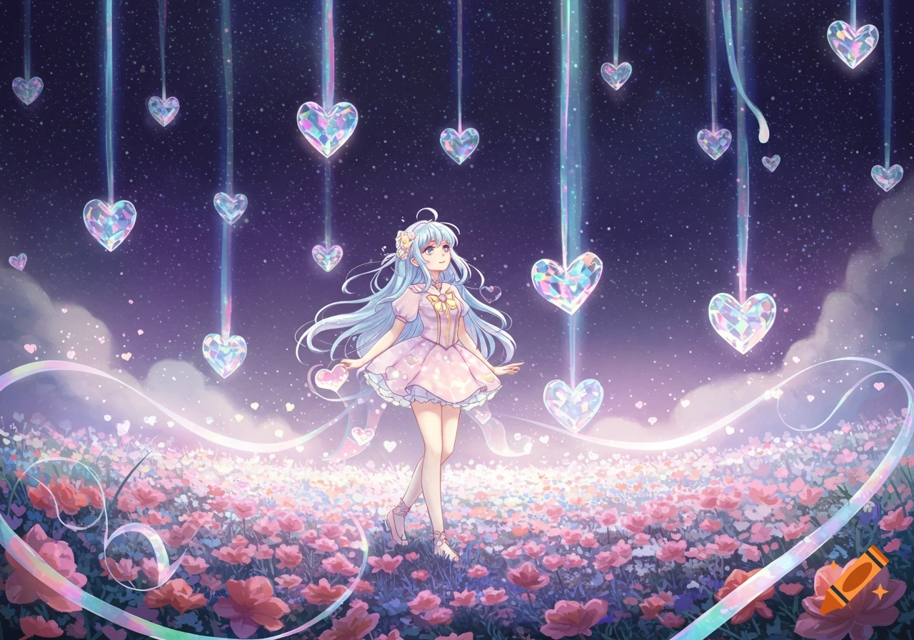 An anime girl in a pink dress stands in a field of flowers under a starry night sky, with glowing faceted hearts raining down.