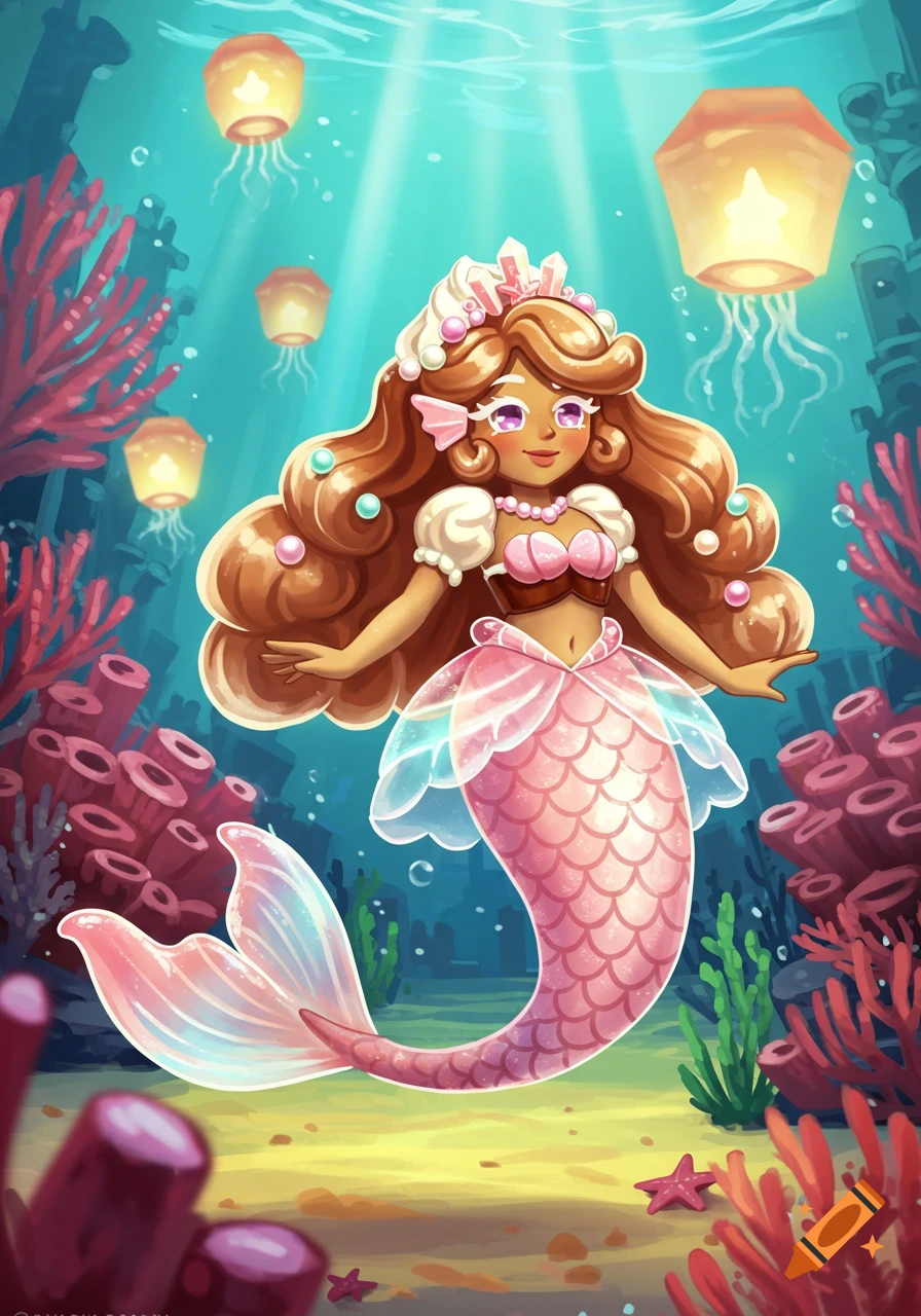 Cartoon mermaid with brown hair, pink seashell top, and pink tail swims in a vibrant coral reef with glowing lanterns.