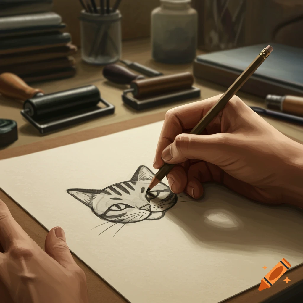 A person's hand sketches a stylized cat head on a white paper with a pencil, surrounded by printmaking tools.