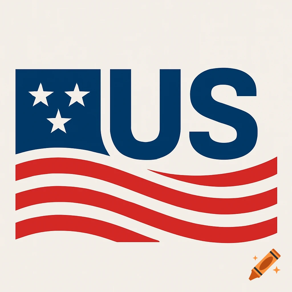 Logo with 'US' in blue, a blue field with three white stars, and red and white wavy stripes.
