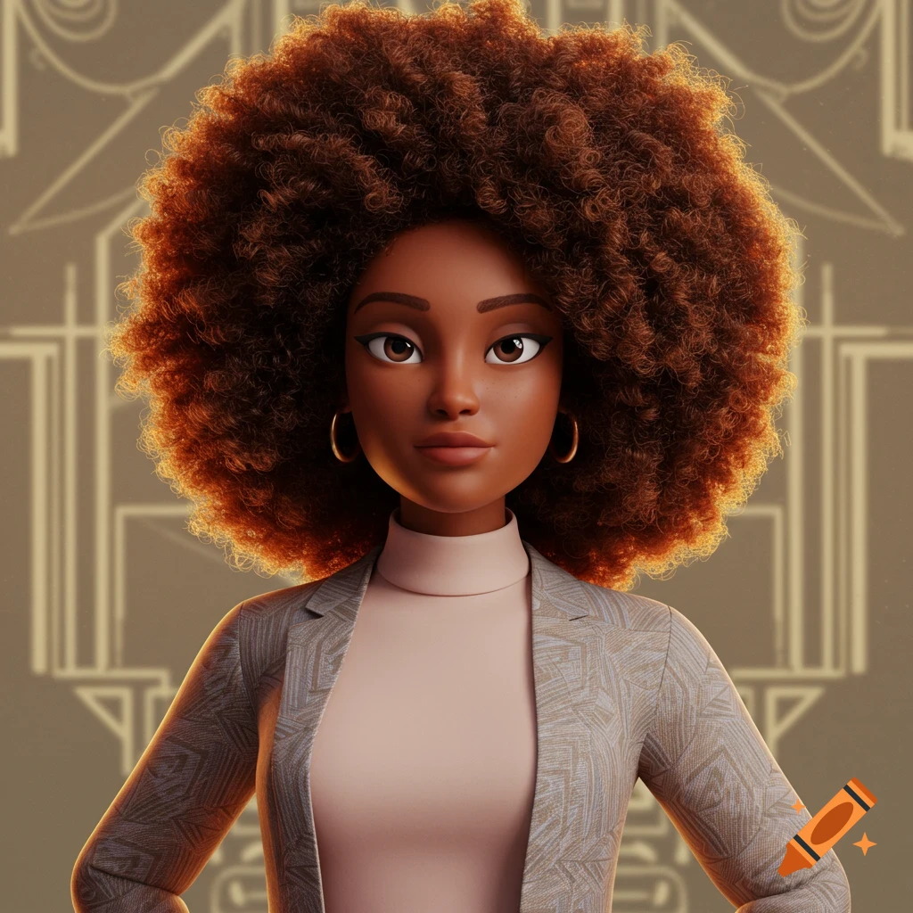 3D animated portrait of a millennial African-American woman with a large afro, wearing a business casual top and Art Deco patterned blazer.