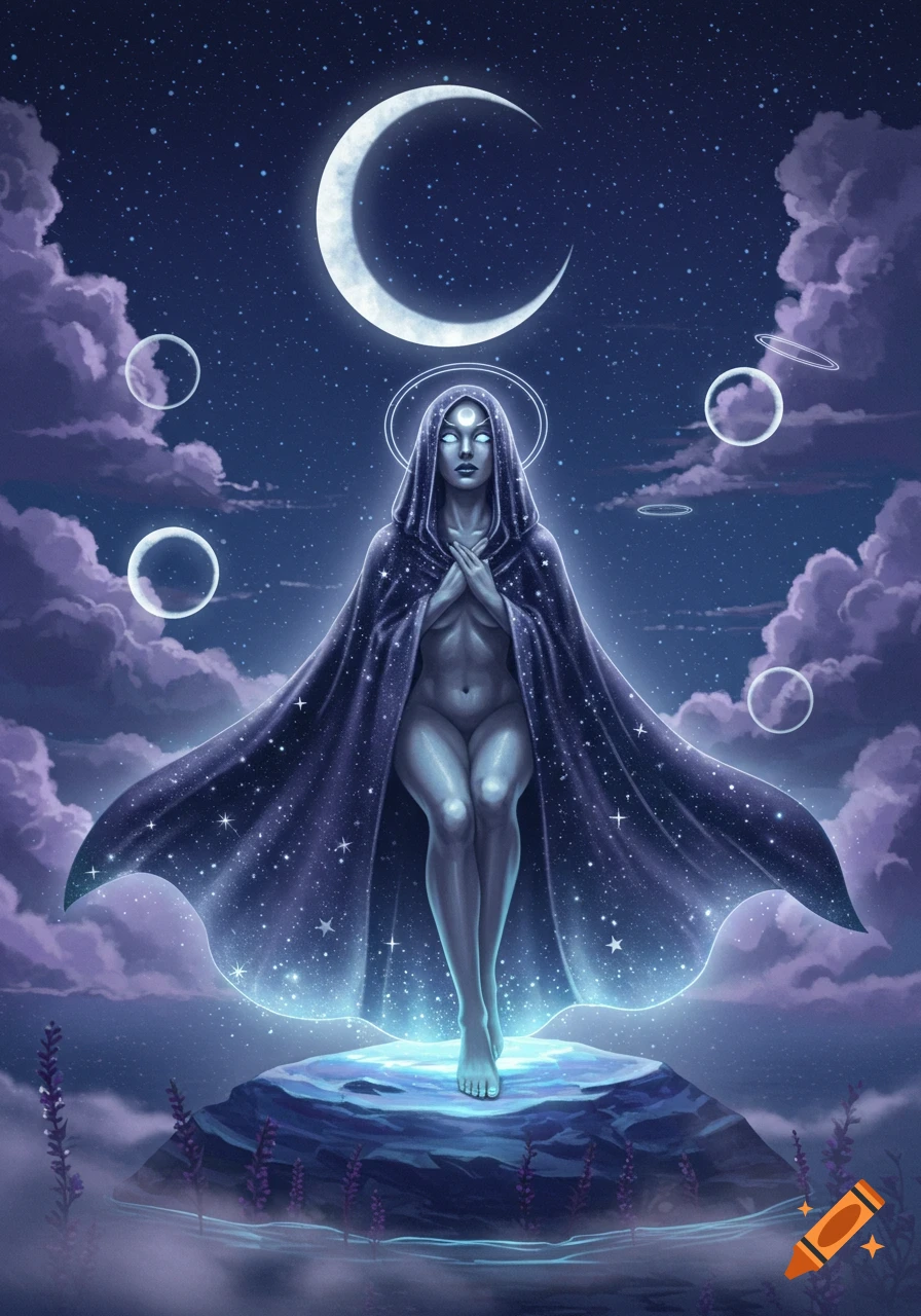 A mysterious celestial priestess in a starry cloak stands on a glowing rock under a crescent moon, surrounded by cosmic bubbles.