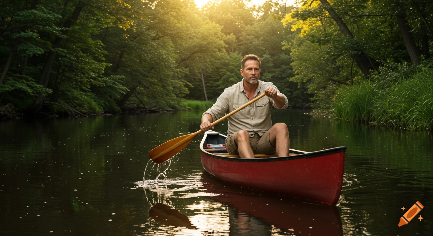 A man paddles a red canoe down a calm river surrounded by lush green forest, with sunlight filtering through the trees. Photorealistic.