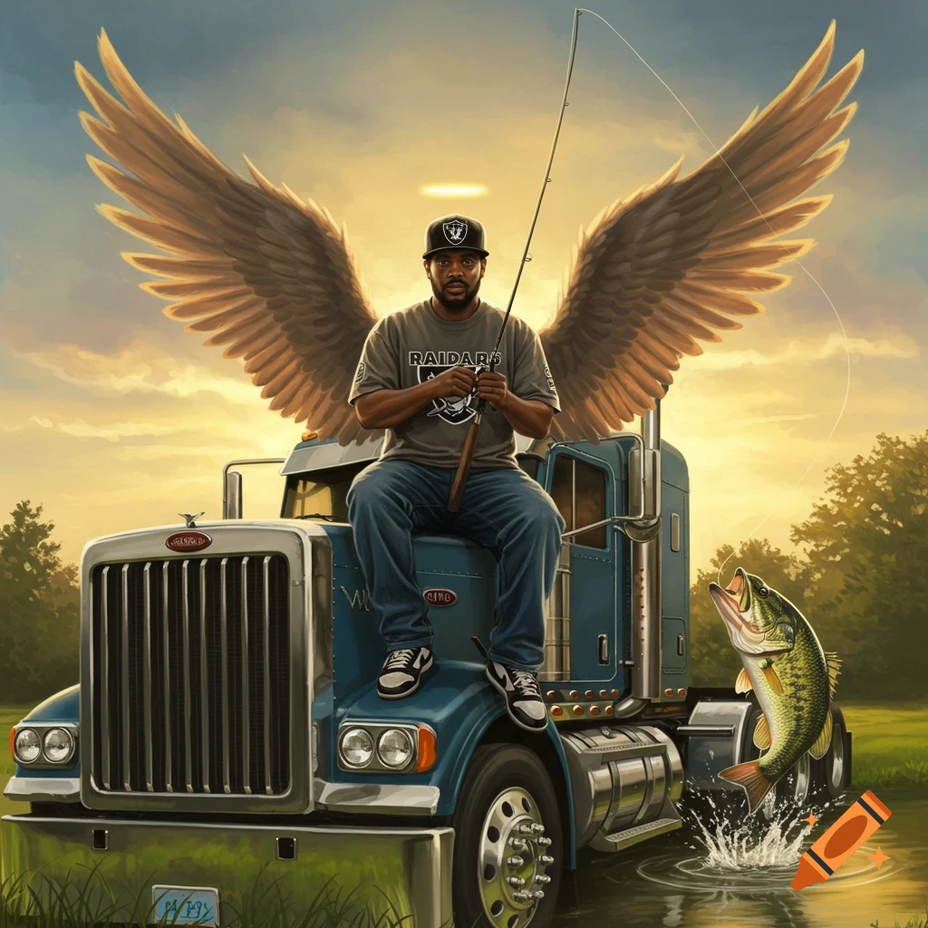 A man with angel wings sits on a blue semi-truck, fishing in a pond where a bass leaps out of the water. He wears a Raiders cap and shirt, with sunrays in the background.