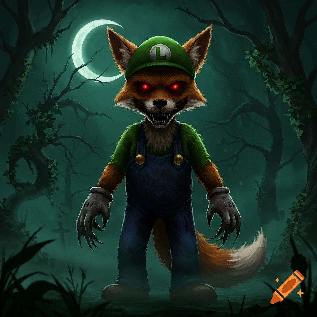 A creepy fox dressed as Luigi with glowing red eyes stands in a dark, misty forest under a crescent moon.