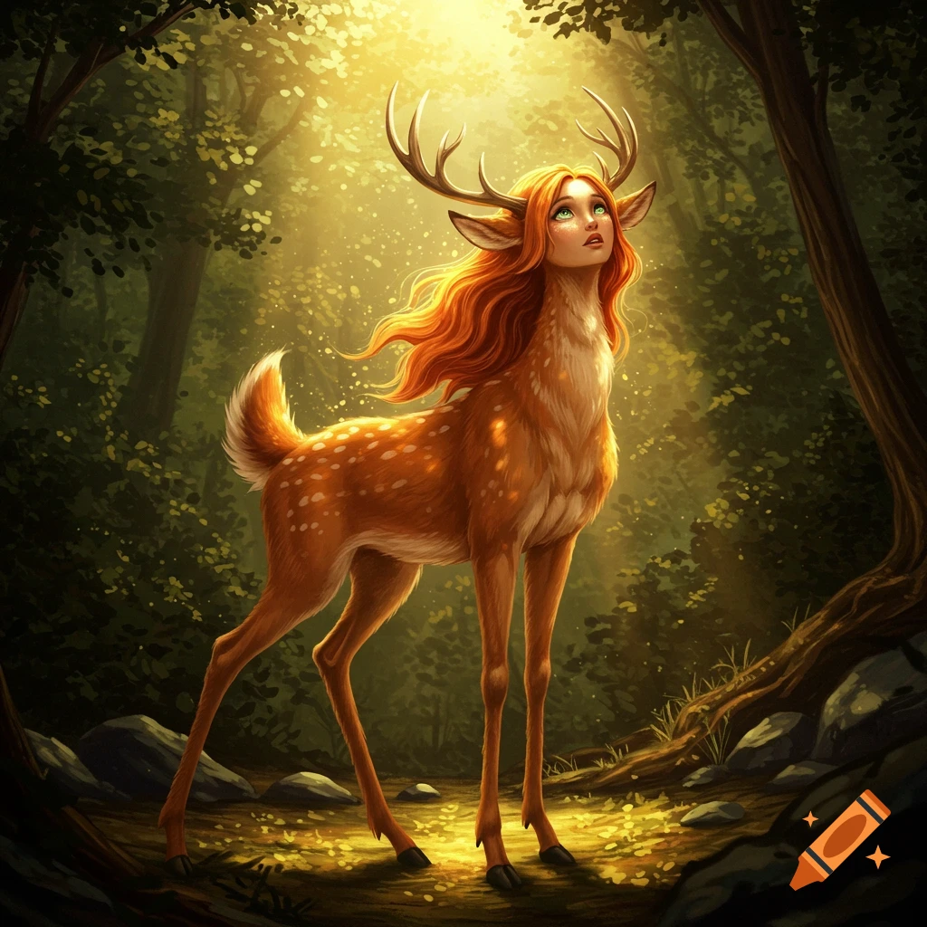 Fantasy digital art of a red-haired deer-girl with antlers, looking up in a sunlit forest.