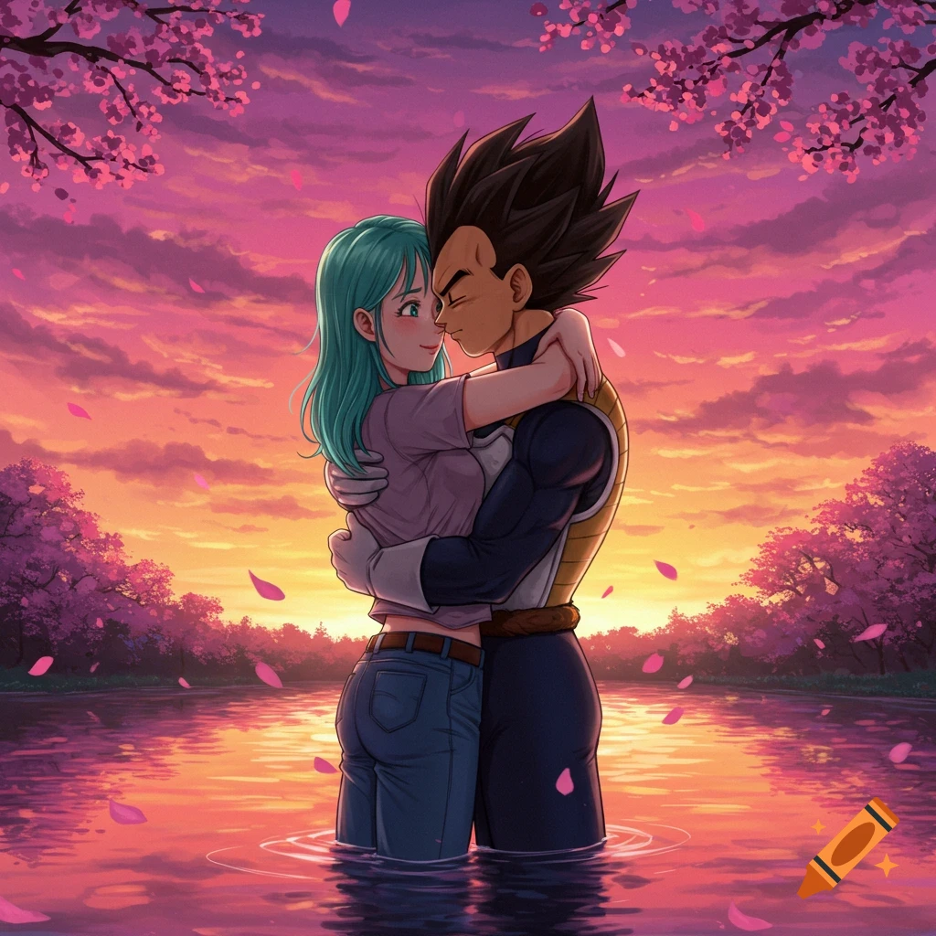 Anime characters Bulma and Vegeta embrace in a lake at sunset with cherry blossoms overhead, pink petals falling.