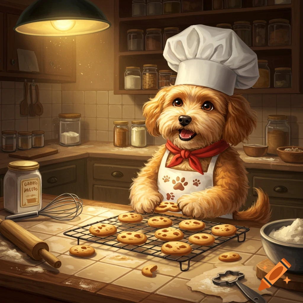 A cute fluffy dog wearing a chef hat and apron, placing cookies on a cooling rack in a warm kitchen.