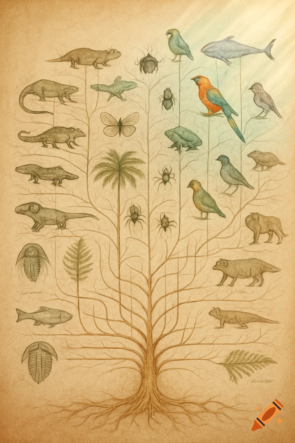 A vintage scientific illustration of a cladogram, an evolutionary tree connecting various animals and plants on a beige parchment background.