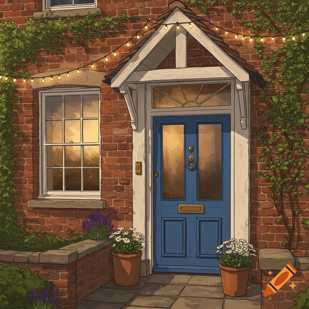 Illustrated front entrance of a brick house with a blue door, potted flowering plants, string lights, and ivy.