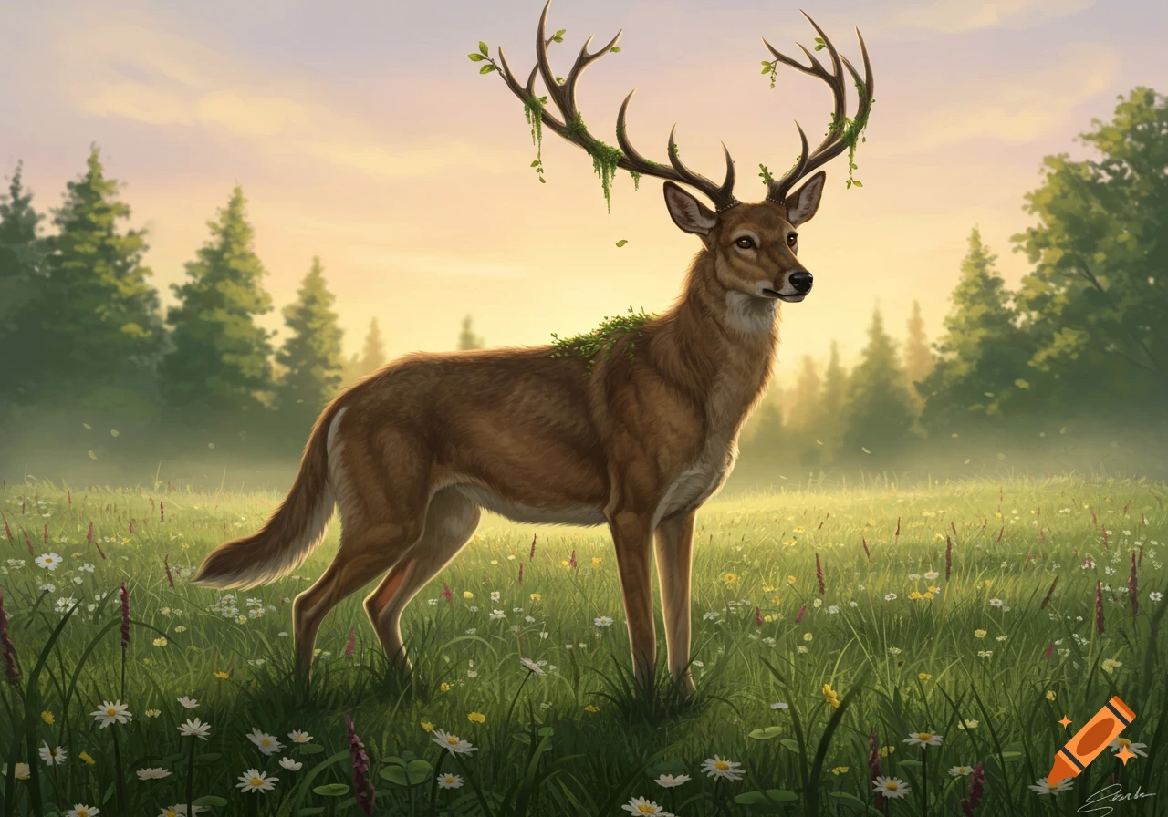 A majestic dog-deer hybrid with leafy antlers stands in a sunlit meadow with wildflowers and a forest backdrop.