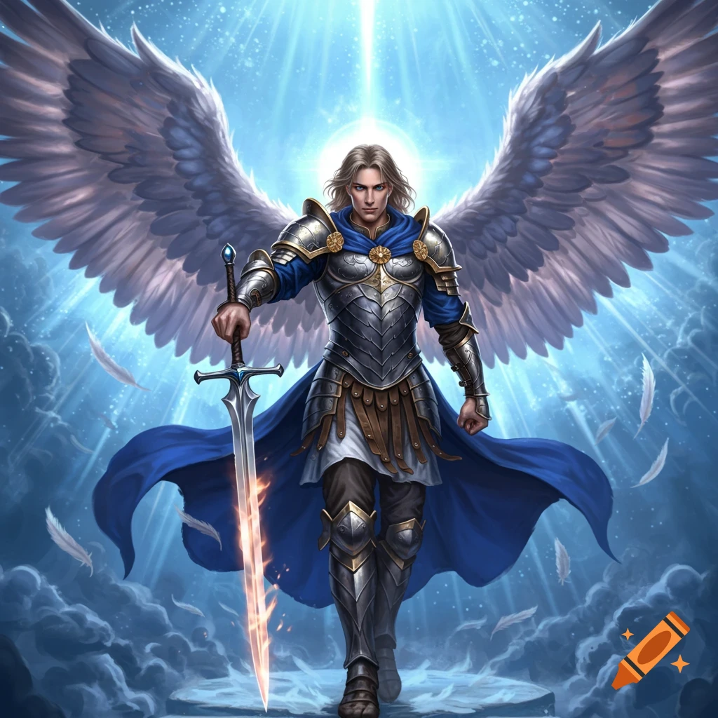 Archangel Michael in ornate armor with large wings stands holding a glowing sword amidst clouds and a radiant sky.