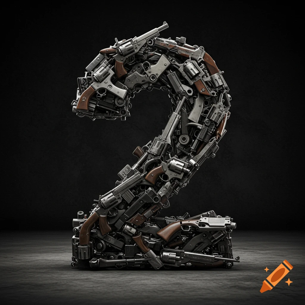 A photorealistic number 2 formed by an intricate arrangement of revolvers, pistols, and other firearms on a dark background.