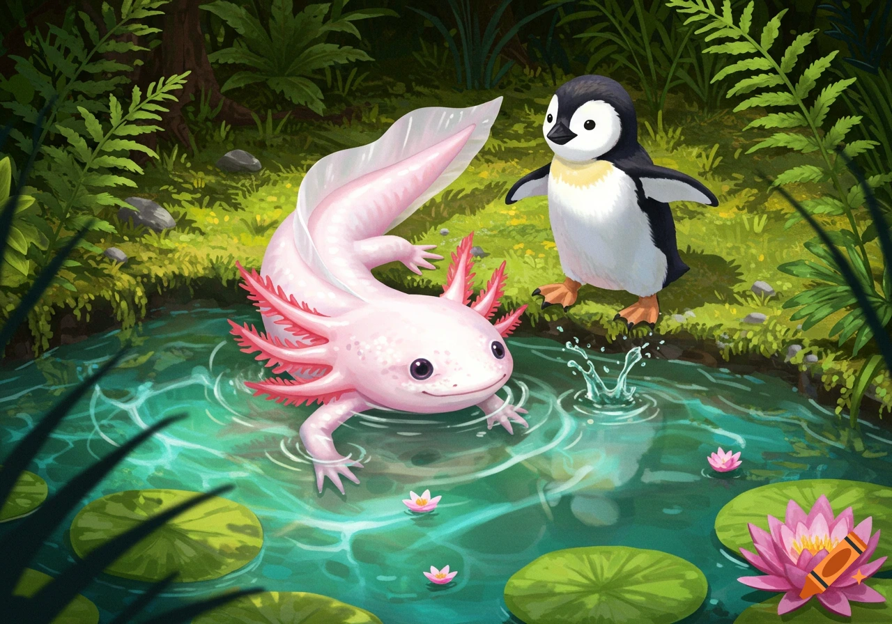 A smiling pink axolotl swims in a pond with lily pads, next to a baby penguin standing on the bank in a vibrant forest illustration.
