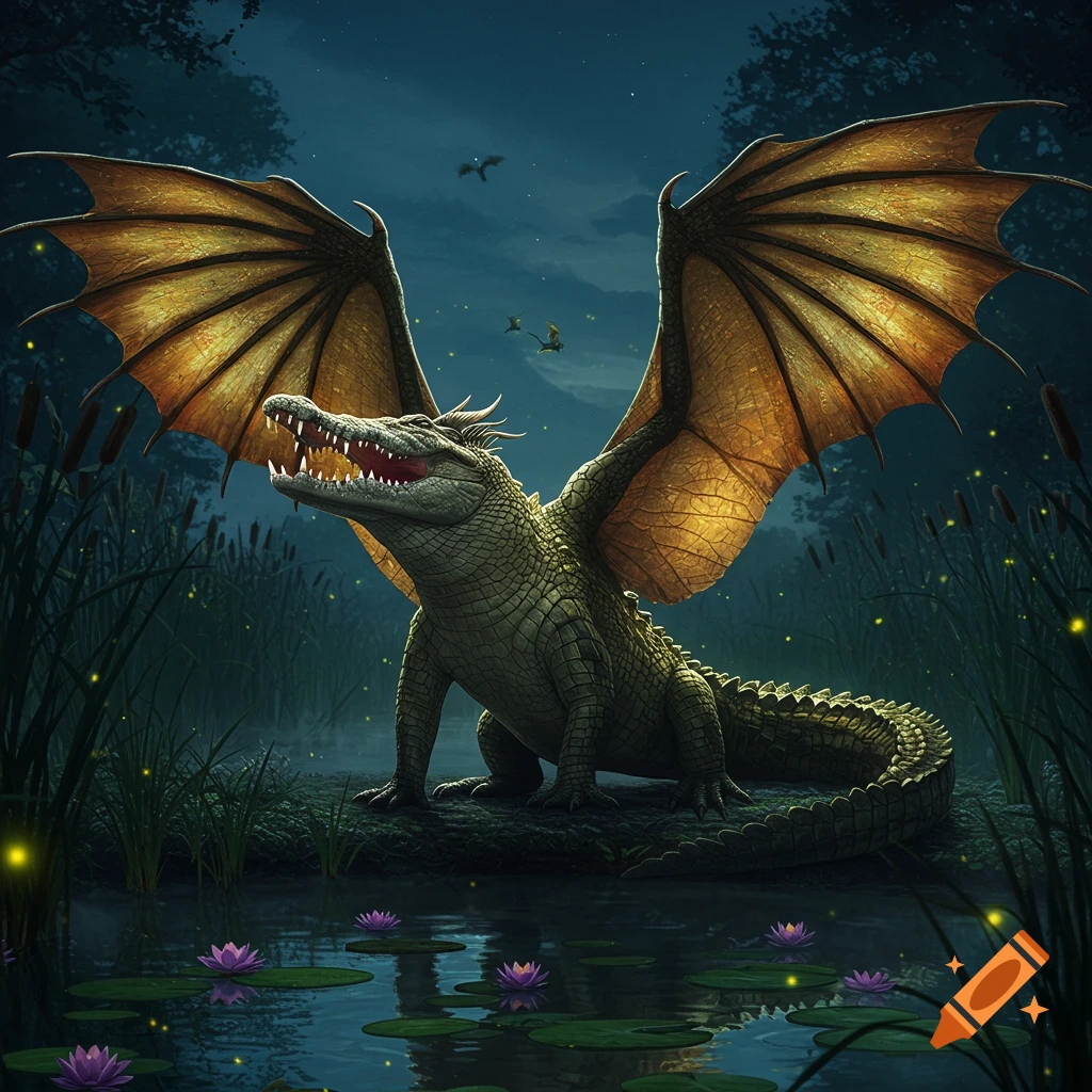 A majestic green scaly crocodile with golden wings stands in a moonlit swamp with lily pads, purple flowers, and fireflies.