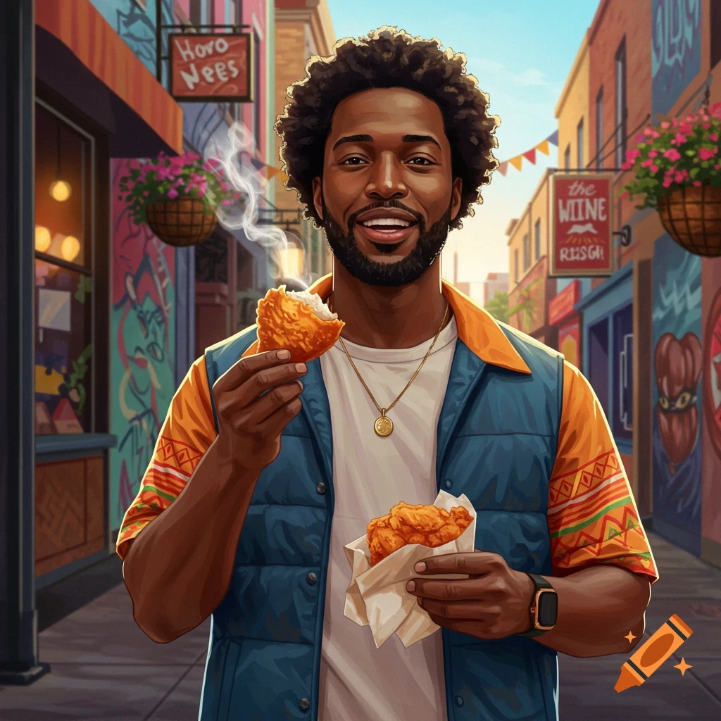 A smiling Black man with an afro eats fried chicken on a vibrant, colorful street with shops and graffiti. Illustrated style.