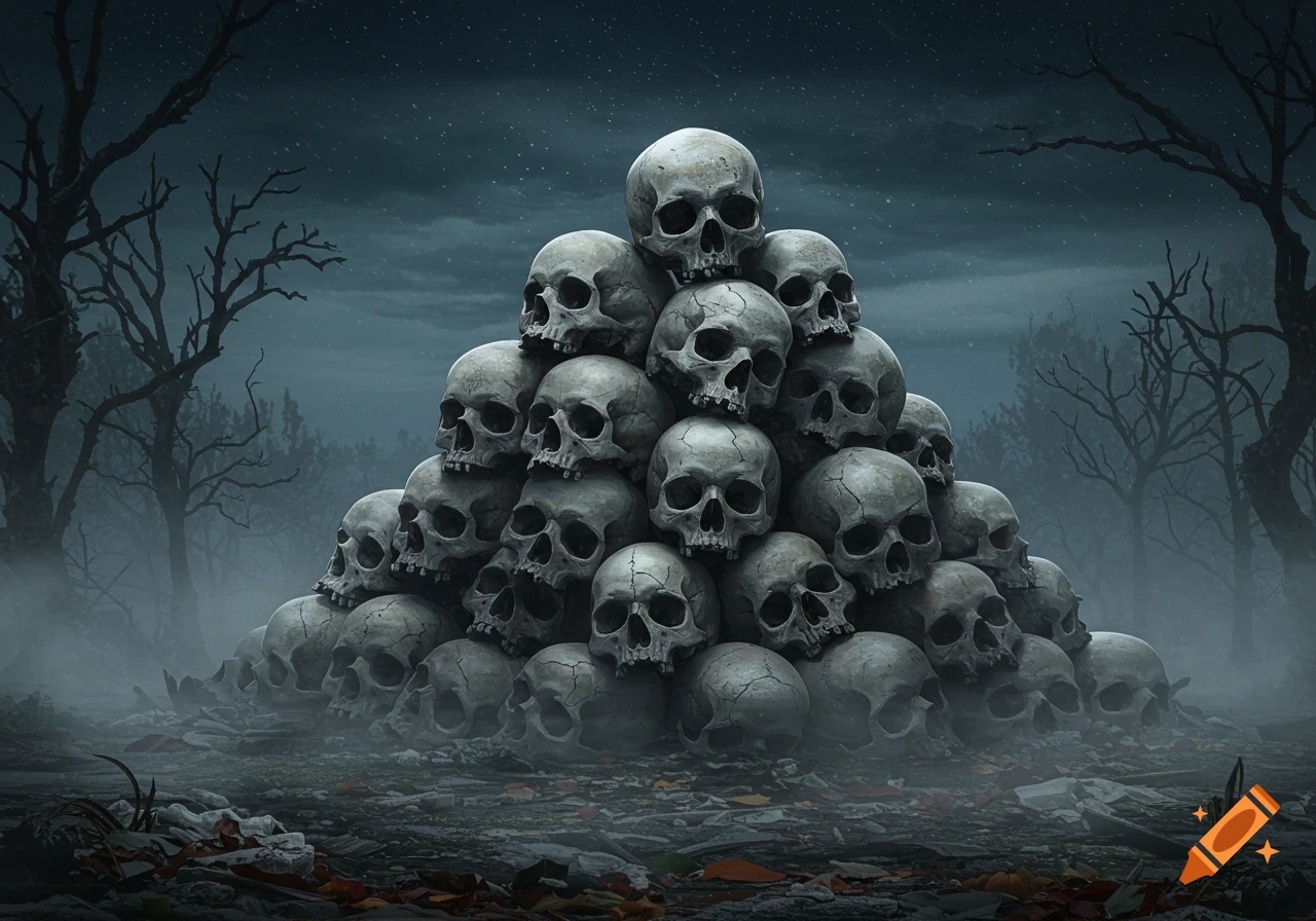 A large pile of weathered human skulls sits in a dark, misty forest under a cloudy night sky.