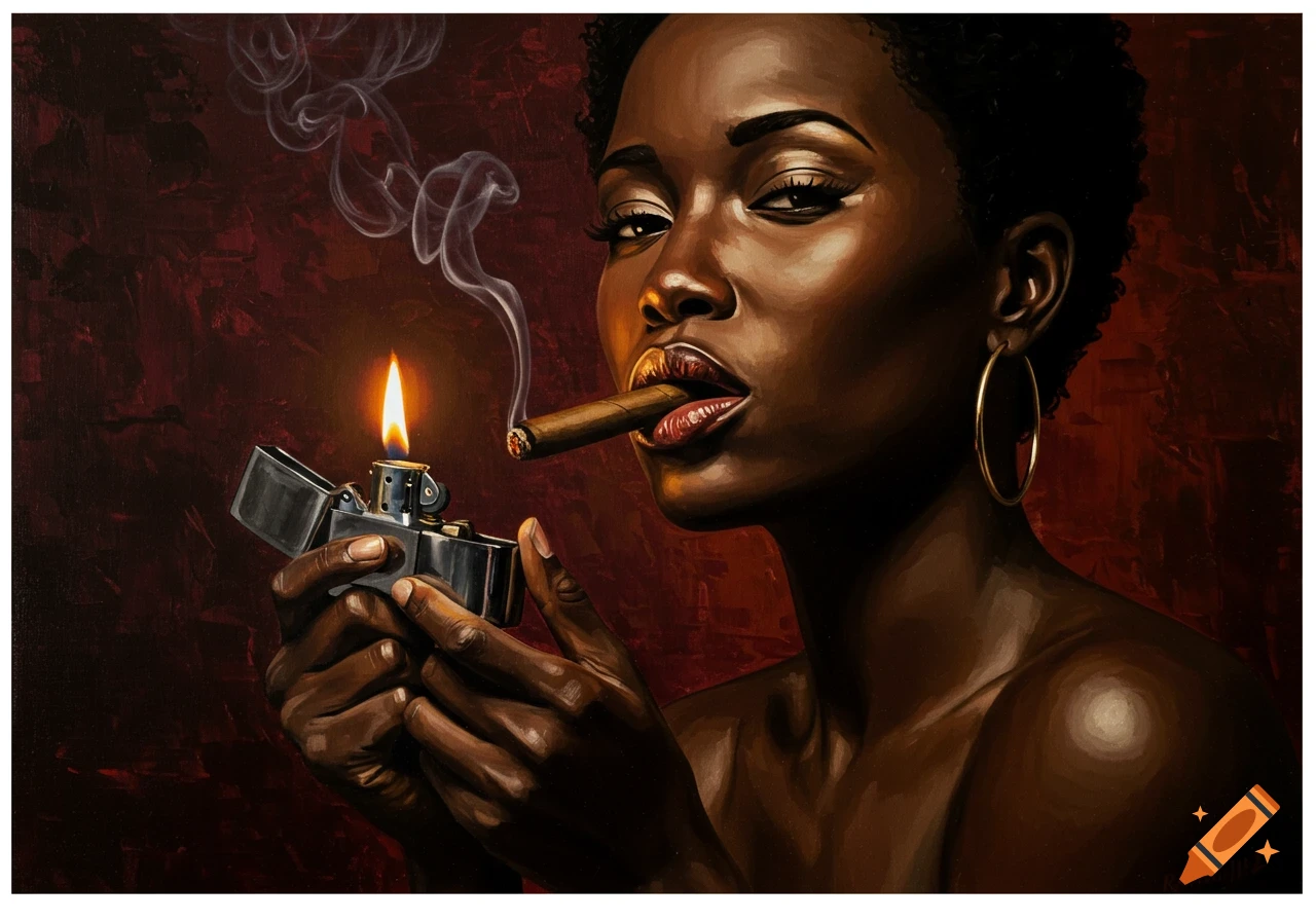 Acrylic painting of a Black woman lighting a cigar, her face illuminated by the flame, against a dark red background.