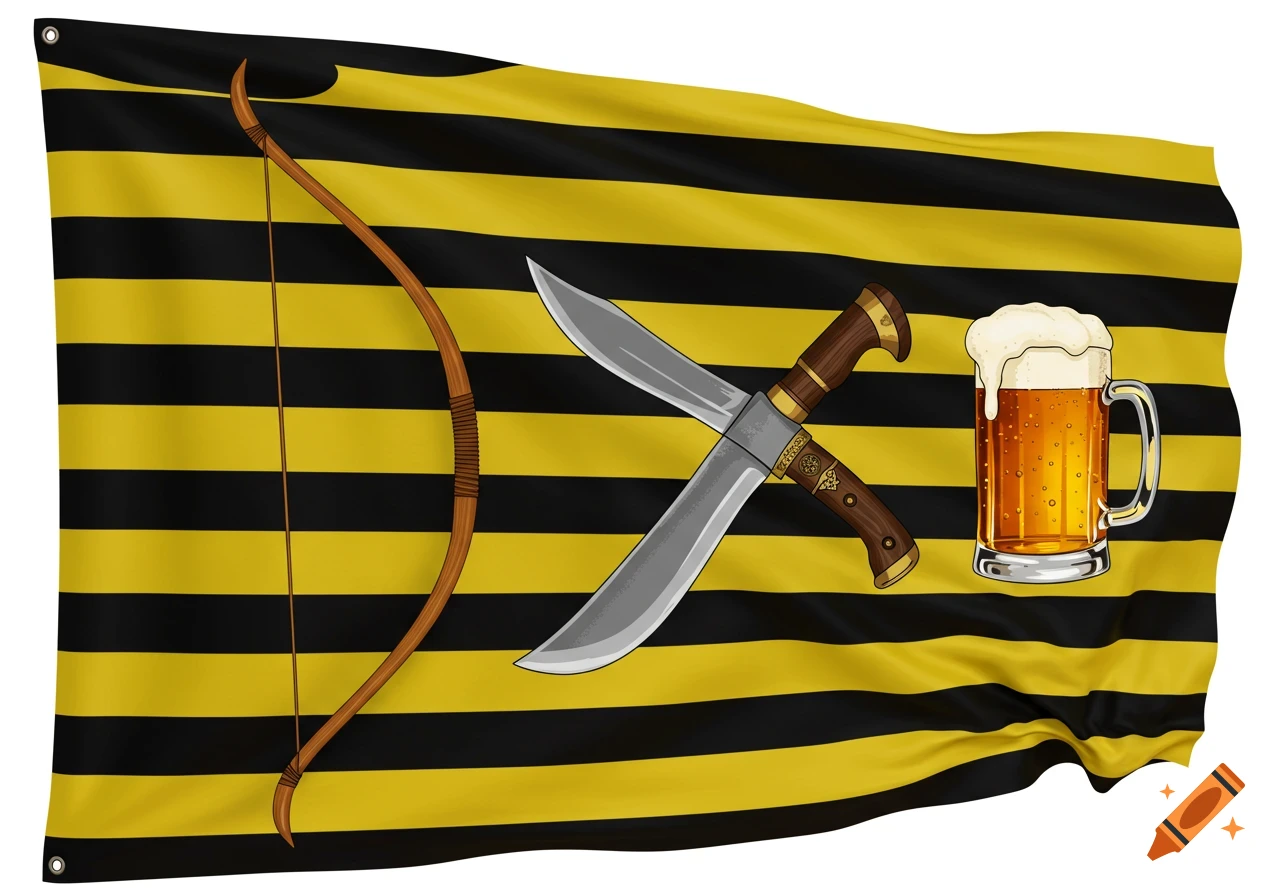 A yellow and black striped flag with a brown bow, two crossed kukri knives, and a frothy beer mug.