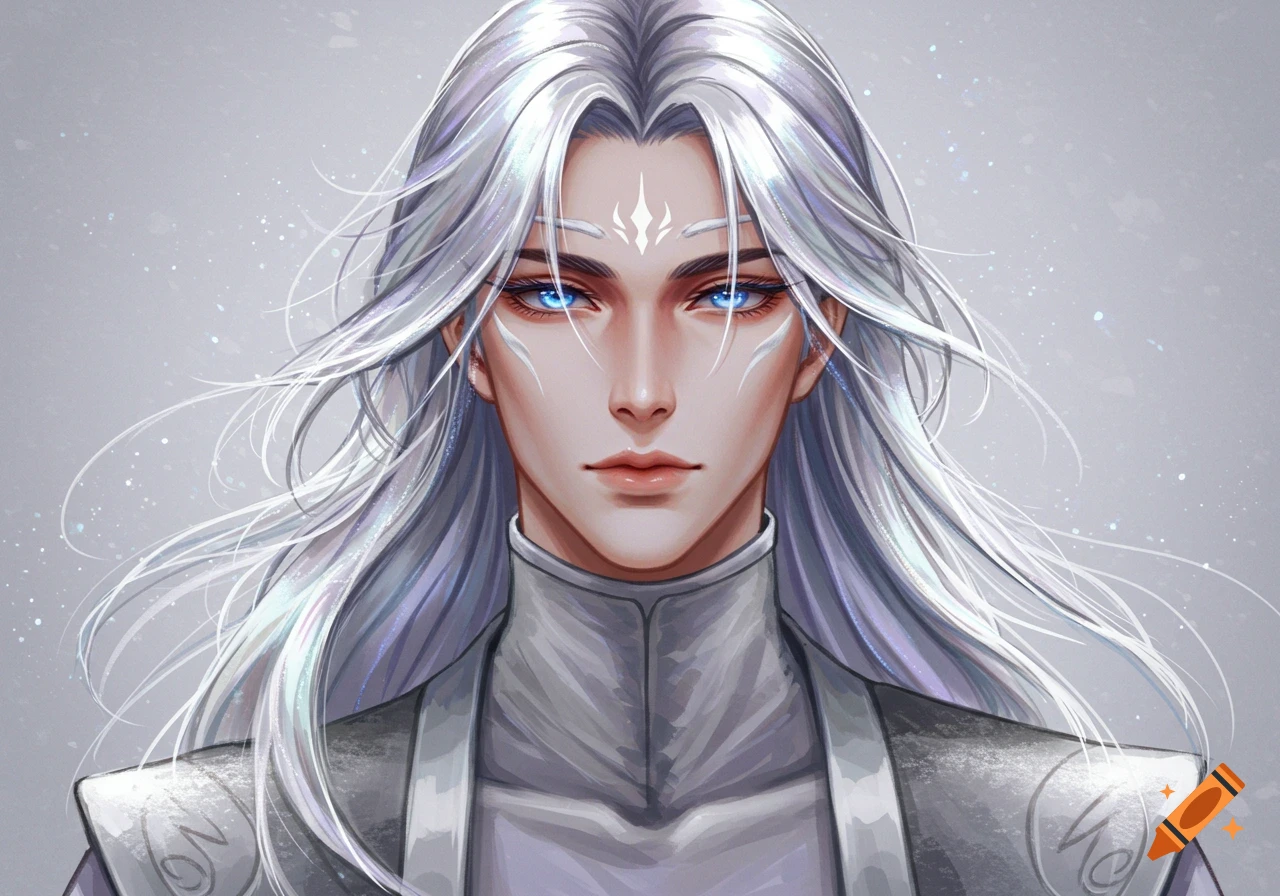 Close-up of a fantasy anime man with long flowing silver hair, glowing blue eyes, and white facial markings, wearing a gray high-collared outfit.