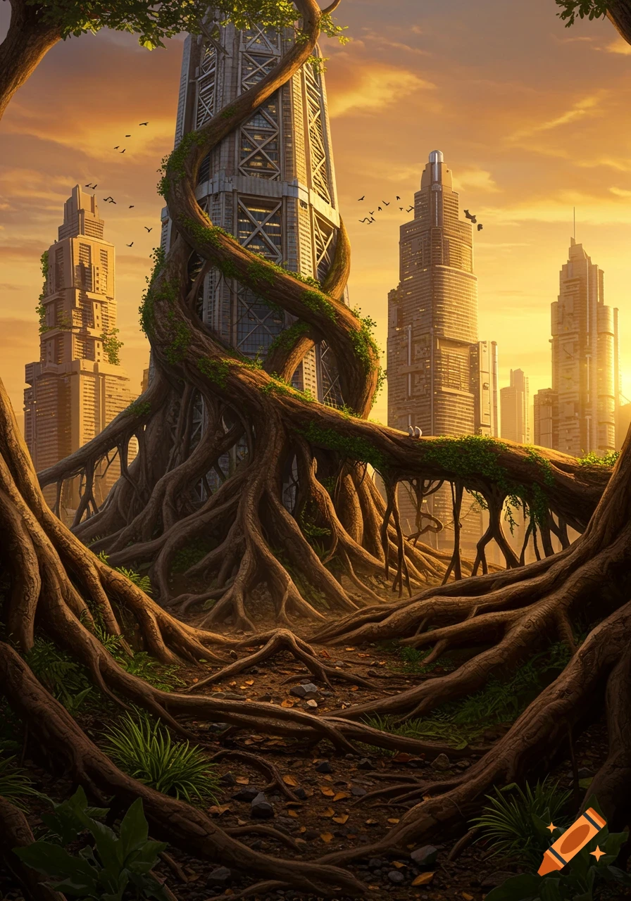 Massive tree roots intertwine with futuristic skyscrapers at sunset in an urban landscape.
