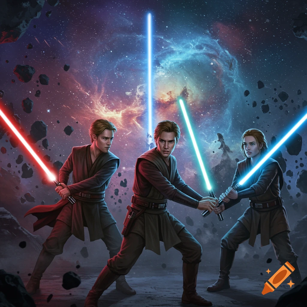 Three Jedi-like figures wielding lightsabers in a dynamic battle pose against a cosmic backdrop of nebulae and asteroids.